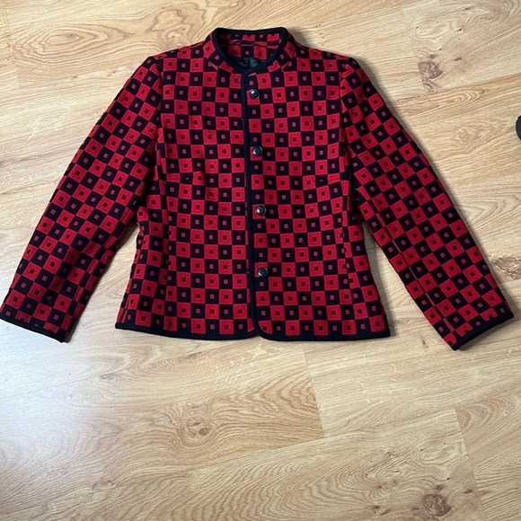 Louis Feraud Sz 8 Knit Wool Red Black Lined Front Button Jacket - Picture 6 of 10